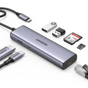 Hub chuyển đổi Type C Ugreen 90568 7-in-1 ( 2 x USB 3.0 + HDMI + RJ45 + SD&TF + PD Converter 100W )